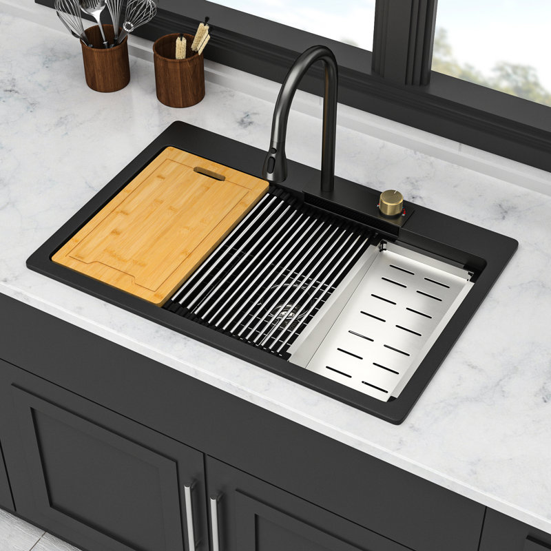 Black Quartz Workstation Kitchen Sink 33X22", Pull-Out Faucet With Waterfall Shine 33X22" Quartz, Type & Element, Black