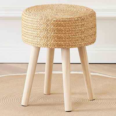 Round Ottoman Footstool Foot Stool Pouf Ottomans With Solid Wood Legs Hand Weave Hyacinth Footrest Step Stool For Living Room