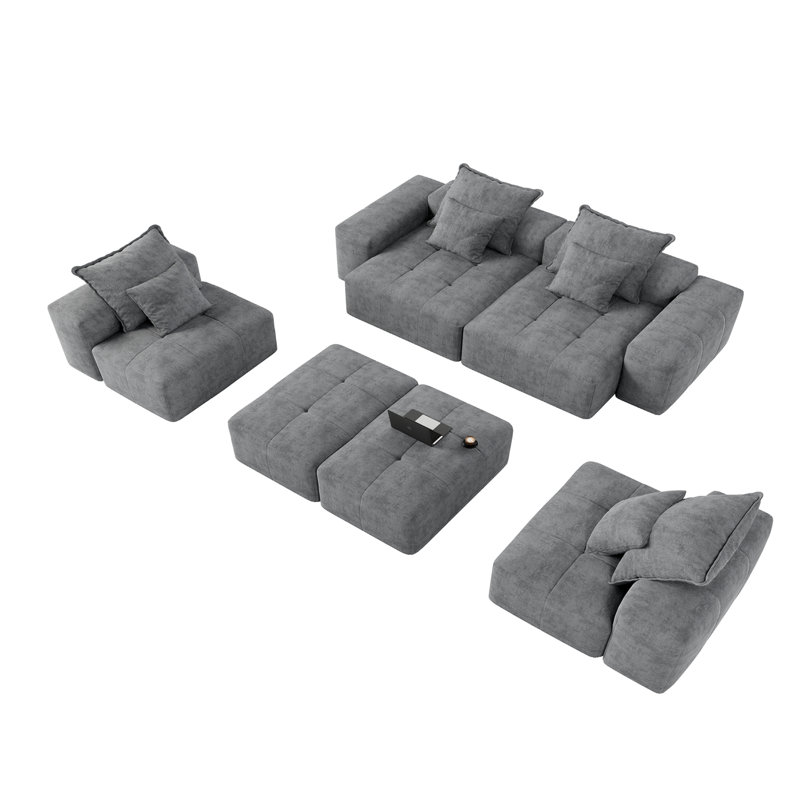 Roseate Boneless 198.43" Oversized 8-Piece Modular Sectional Sofa Sparkling Chenille Fabric With 8 Pillows, Gray