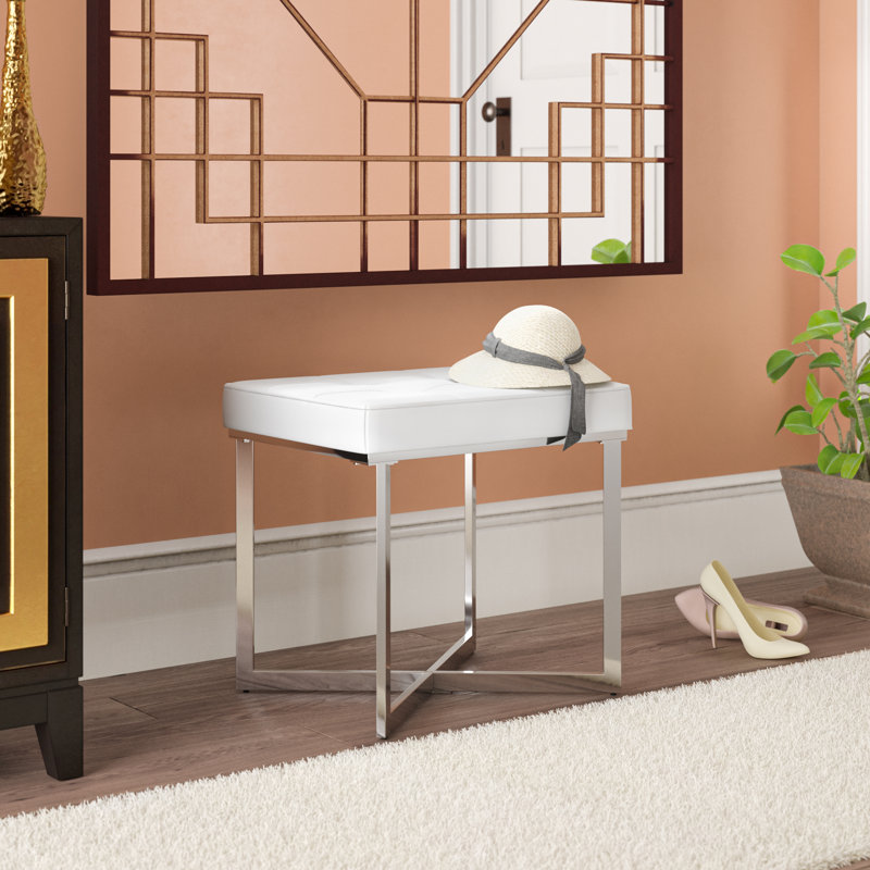 Modern Ivory 20 Inch Vanity Bench with Comfortable Seating and Chrome Frame