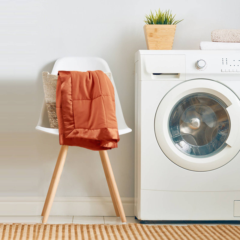 Lightweight Down Alternative Blanket with Satin Trim for Warm Weather Comfort, Orange, Queen