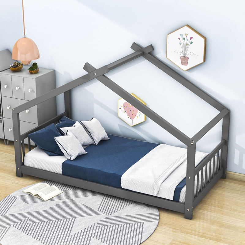 Esenler Wooden House Platform Bed with Headboard, Gray, Twin