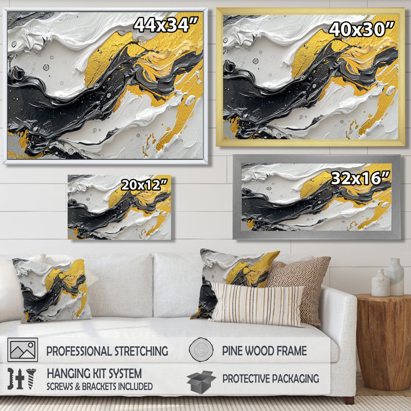 Figurine Ontra noir et jaune en couleur II - art néo-expressionniste, H 28 po x l 60 po, Impression encadrée flottante