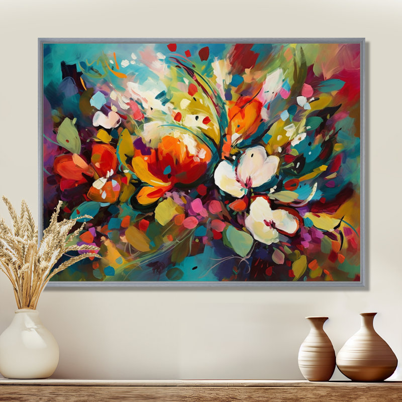 Rynette Red Vibrant Garden Symphony III - Art mural floral, H 24 po x l 32 po x P 1 po, Encadrement argenté