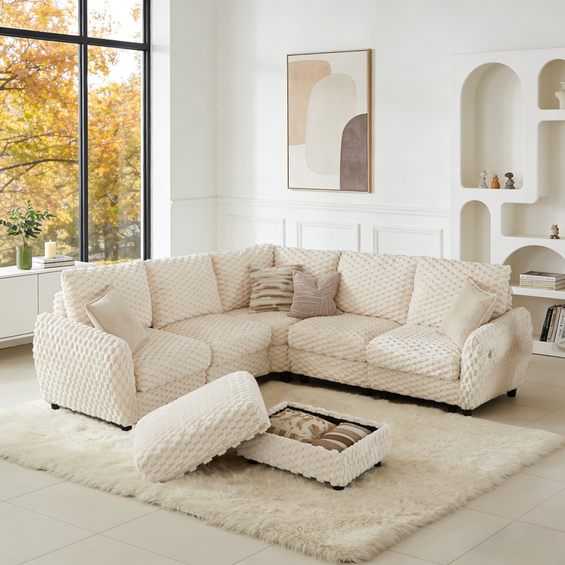 Canapé modulaire en velours côtelé avec rangement Nicollette, Beige