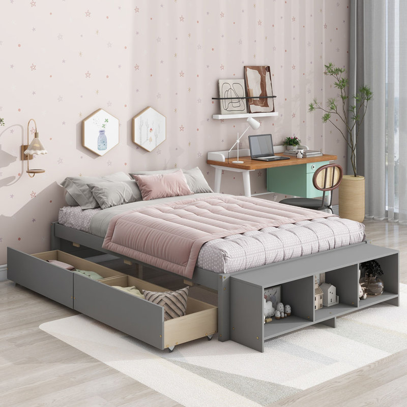 Palatka Bed with Storage Case, 2 Storage Drawers, Platform Bed, Bed Frame, Gray