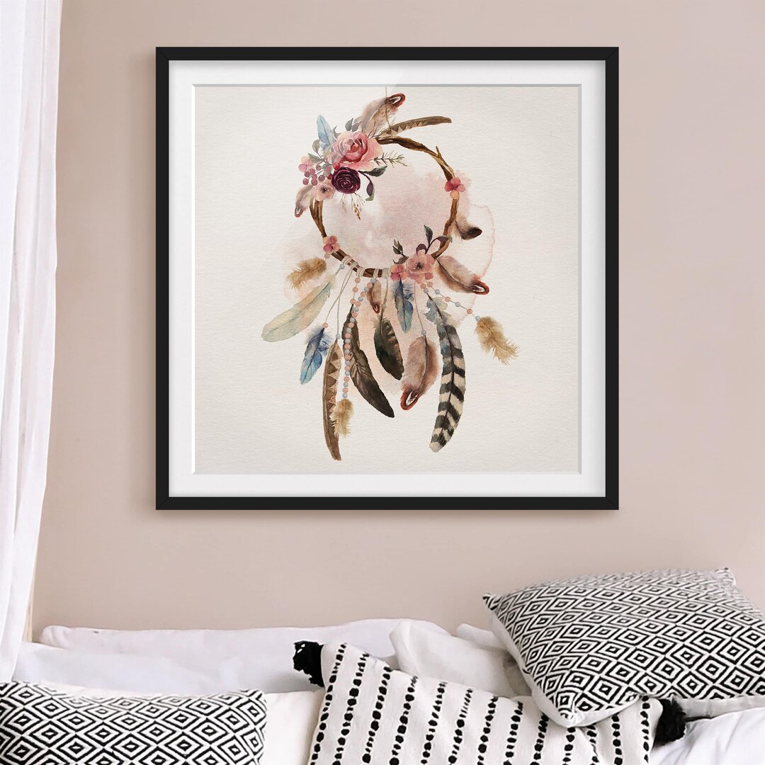 Gerahmtes Poster Dream Catcher mit Rosen und Federn