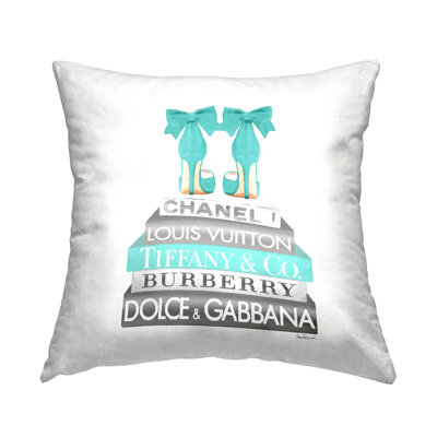 Stupell Industries Turquoise Fashion Heels Glam Brand Books Printed Throw Pillow by Amanda Greenwood
