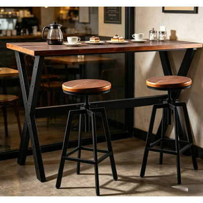 Ensemble de table et de chaises 3 pièces, bar-salle à manger café-pub, métal noir industriel et bois brun rustique, table rectangulaire à pieds en X, 2 tabourets de bar pivotants réglables