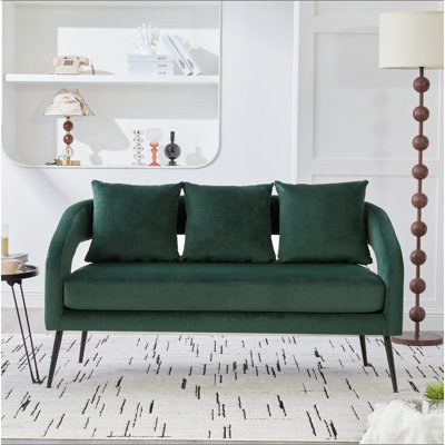 Causeuse de 53,7 po en velours moderne à dossier ouvert avec 3 coussins, petit canapé confortable à 2 places pour les petits espaces avec des pieds en métal, salon chambre bureau dortoir