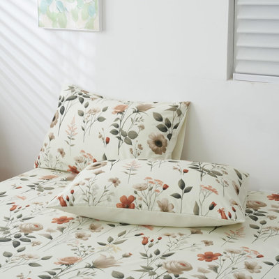 Dadalogy Bedding Enchanted Meadow Bed Sheet Set - Floral Harmony In Beige, Rose, And Soft Green, Premium Soft Microfiber, Machine Washable, Deep Pocket 14-15 Inches + Flat Sheet