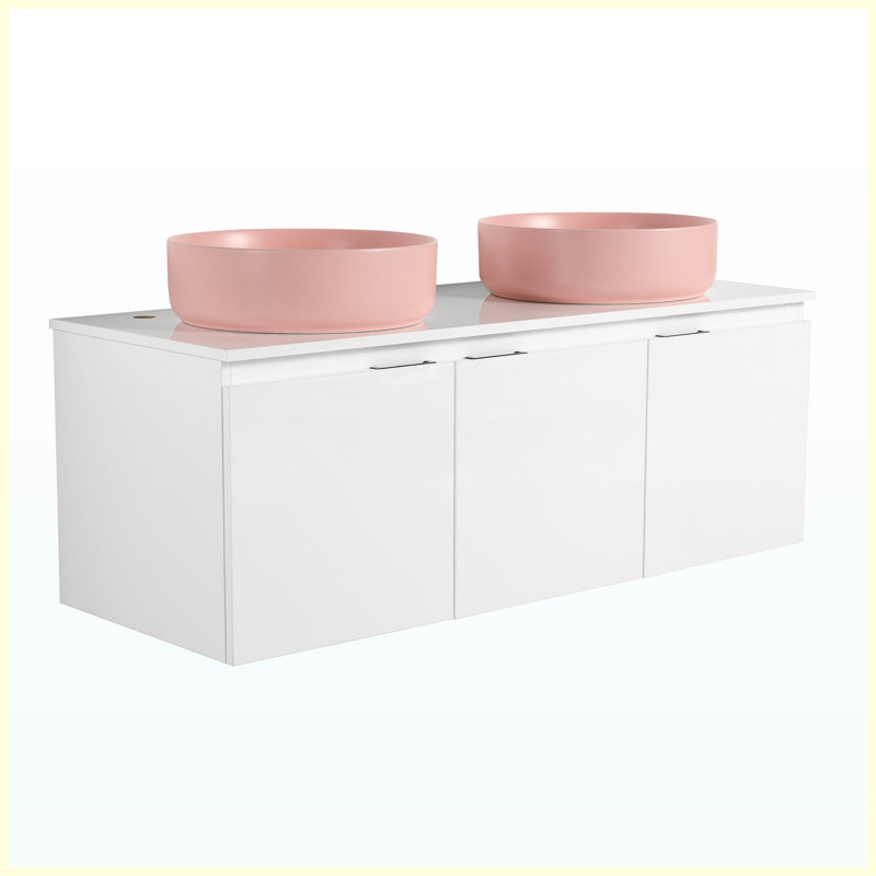 Meuble-lavabo suspendu de 122 cm (48 po) avec lavabo, porte d'armoire à fermeture amortie, design blanc moderne