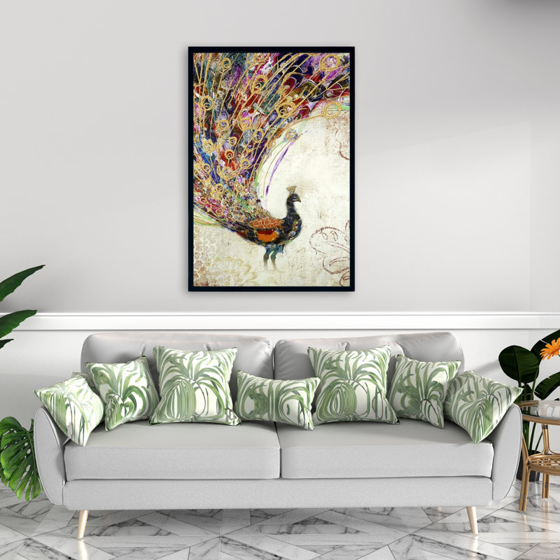 Paon avec des plumes dorées, reproduction sur toile, H 36 po x l 24 po