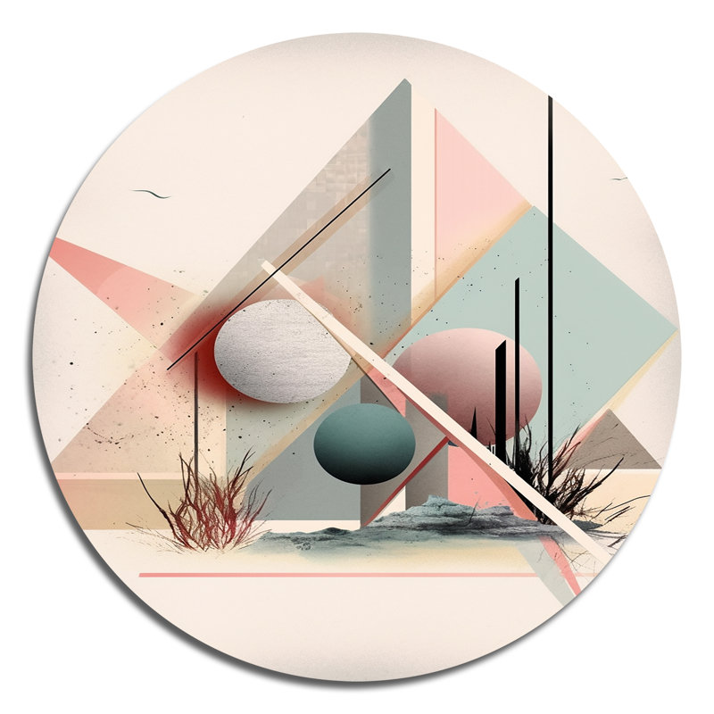 Mid Century Pastel Mountains II - abstrait géométrique, art mural rond sur métal, H 16 po x l 16 po x P 1 po