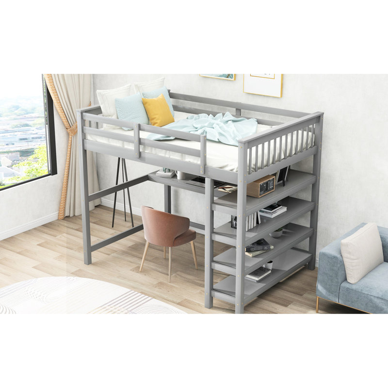 Lit mezzanine double, gris. Possède un bureau et des tablettes de rangement. Bois pour chambre à coucher avec lit gris avec dessous et rangement. Fabrication solide.