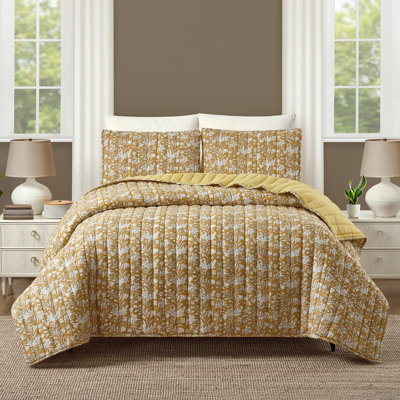 Sketched Floral Block Print 3-Piece Cotton Voile Quilt Set