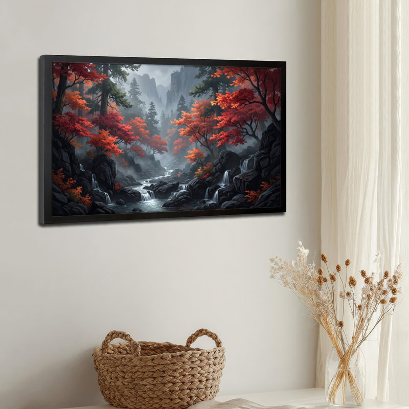 Toile noire encadrée en bois noir pour salon, chambre à coucher, bureau ou vestibule - décoration murale décorative avec forêt d'automne