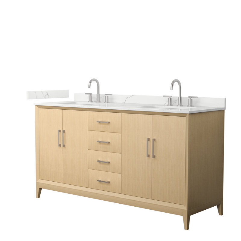 Meuble-lavabo double autoportant de 66 po avec plateau en quartz Janna, Quartz Giotto, Nickel brossé, Centres de 8 po