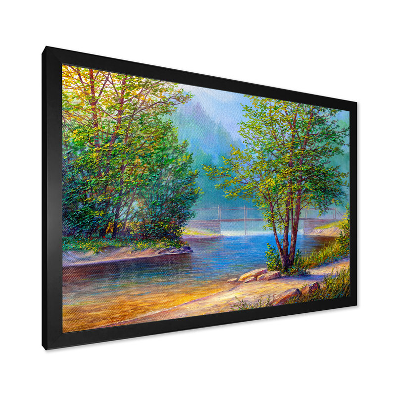 «Green Trees By The Riverside», peinture sur toile, H 12 po x l 20 po x p 1 po, Cadre photo noir