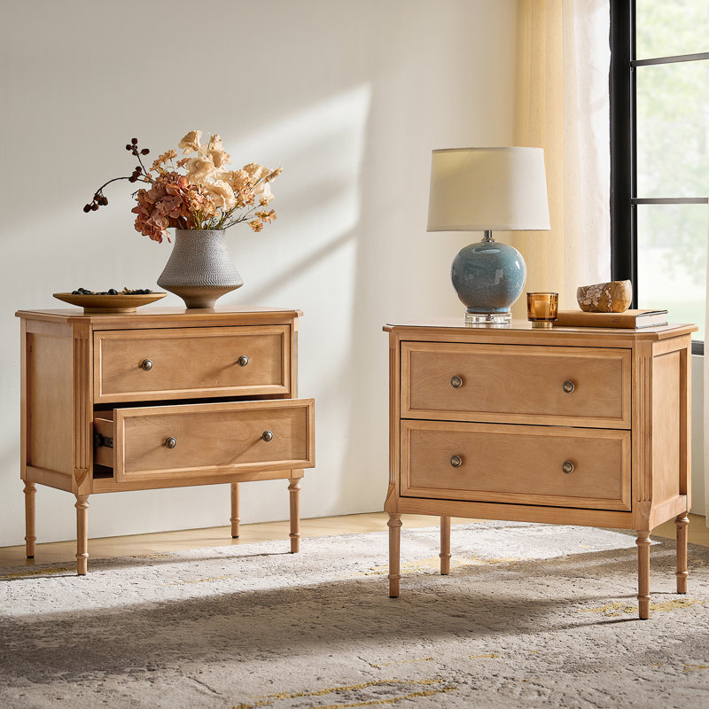 Poston Transitional 28''W 2 Drawer End Table with Charging Station and Simple Assembly, Teak
