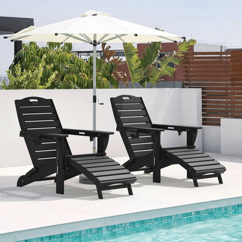 HDPE Adirondack Foldable Chair with Retractable Ottoman, Black