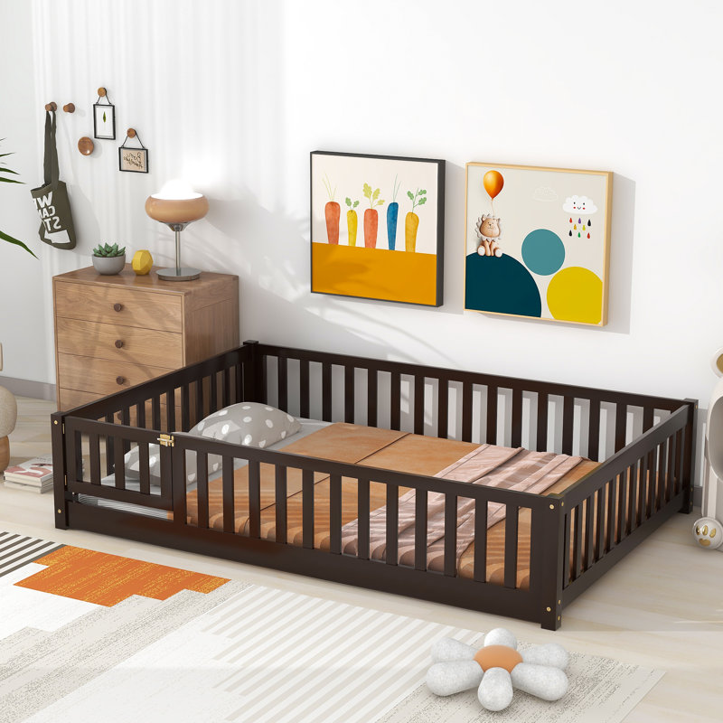 Twinkle Modern Floor Bed Set With Door, Rubber Wood And Safety Guardrails, Full, Espresso