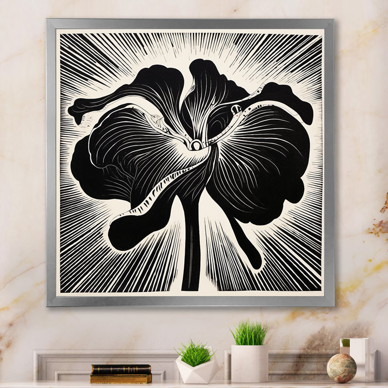 Fleur d'iris abstrait noir et blanc sur toile, Cadre simple argenté, H 24 po x l 24 po x P 1 po