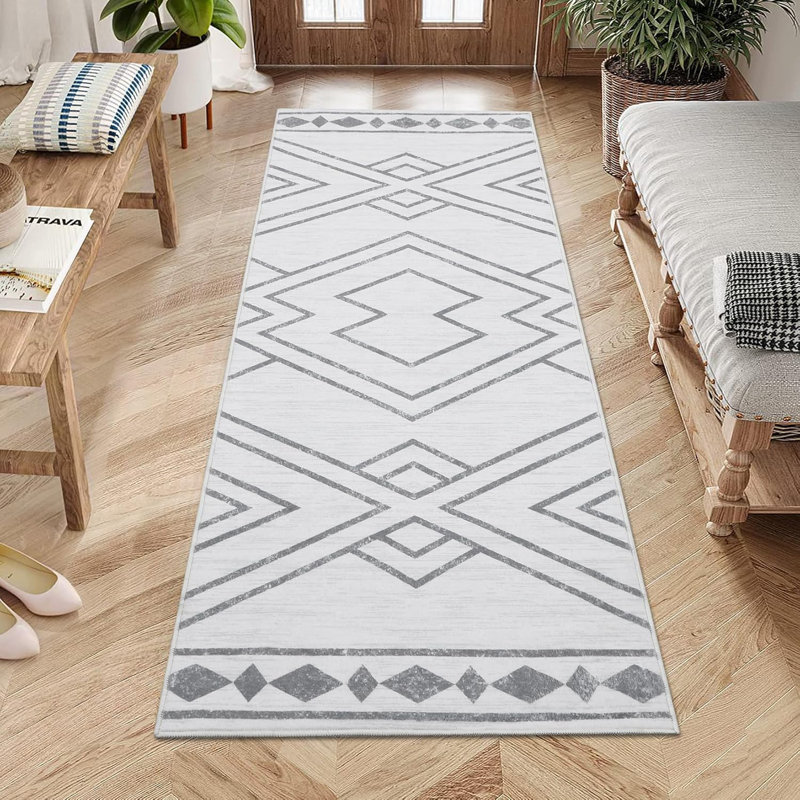 2x6 Geometric Rug – Thin, Low Pile, Non-Slip, Washable, Stain-Resistant, Reinforced Edges for Living Room, Bedroom, Kitchen, Blue