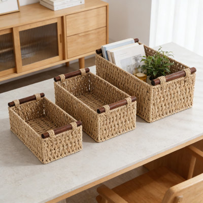 Ensemble de 3 paniers de rangement en corde de papier tissés à la main, organisateur décoratif en osier avec poignées en bois pour la salle de bain, le salon et la chambre à coucher