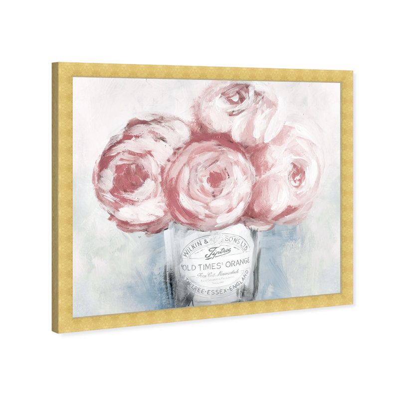 Bouquet de pivoines roses peintes au pastel - peinture sur cadre flottante, Encadrement doré, H 26 po x l 32 po
