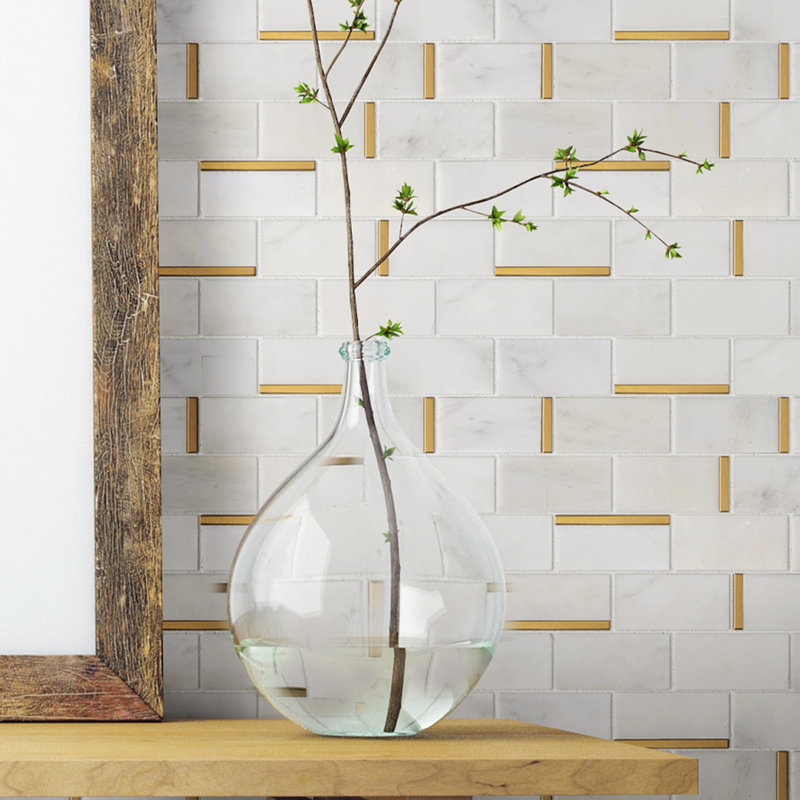 Natural Bianco 2" x 4" Marble Brick Joint Mosaic Wall Tile, Gold/White