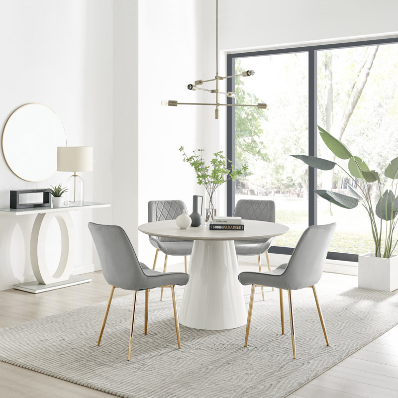 Statement 4 Person Round Dining Table Set in Luxury Beige Stone Effect - Velvet Dining Chairs, Grey/Gold
