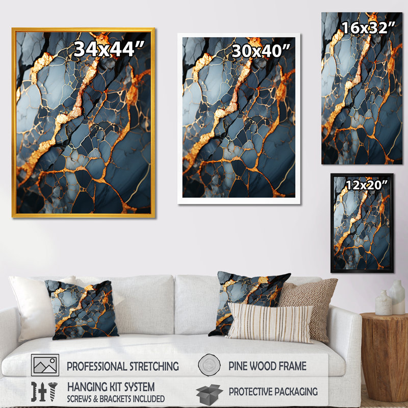 Gris et or abstrait marbre granit III - reproduction d'art abstrait mural, Cadre flottant noir, H 20 po x l 12 po x P 1 po
