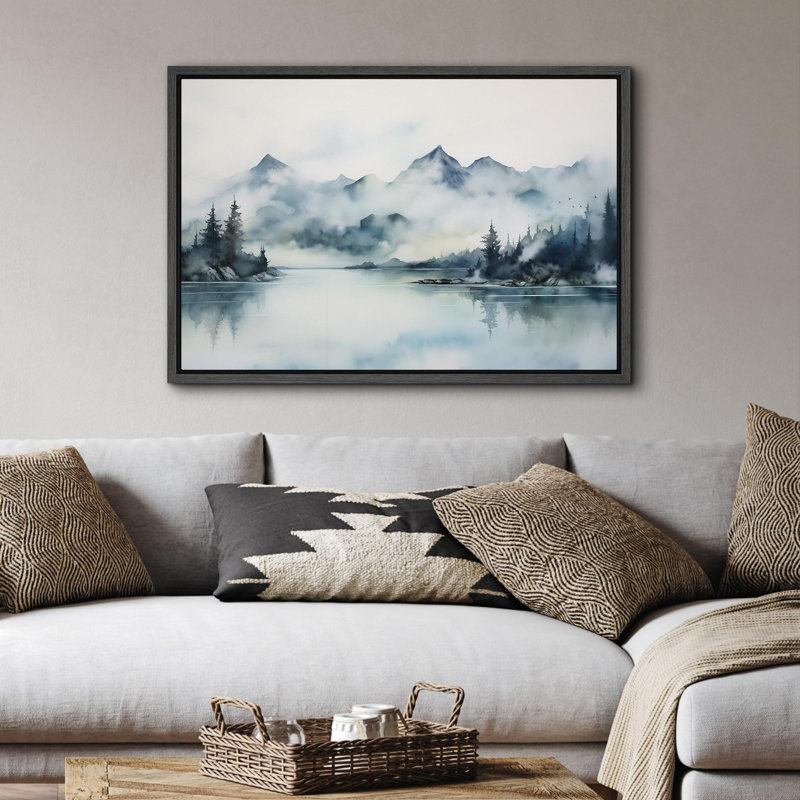 Paysage de forêt Woodland «Misty Peaks and Calm Lake» sur, Cadre flottant noir, H 24 po x l 36 po