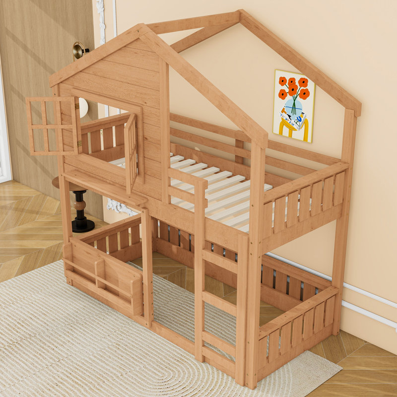 Wood House Bunk Bed with Ladder, Full over Full