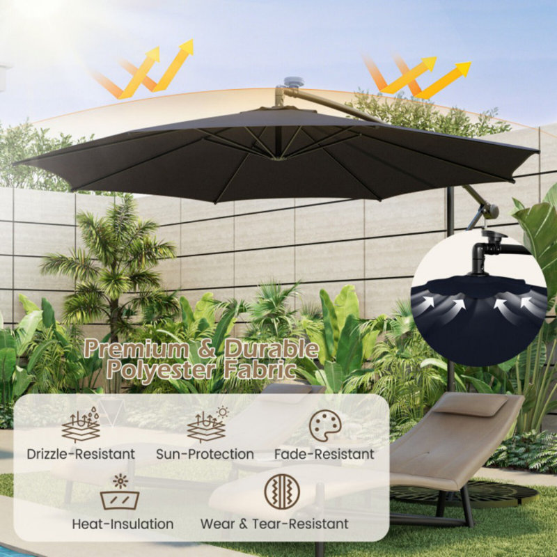 Coffee 10FT Solar-Lighted Cantilever Offset Patio Umbrella