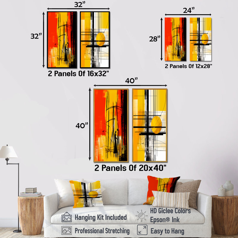 «Yellow Brilliant Echoes Abstract Collages I», ensemble de 2 reproductions d'art sur toile, Toile tendue, H 28 po x l 25 po