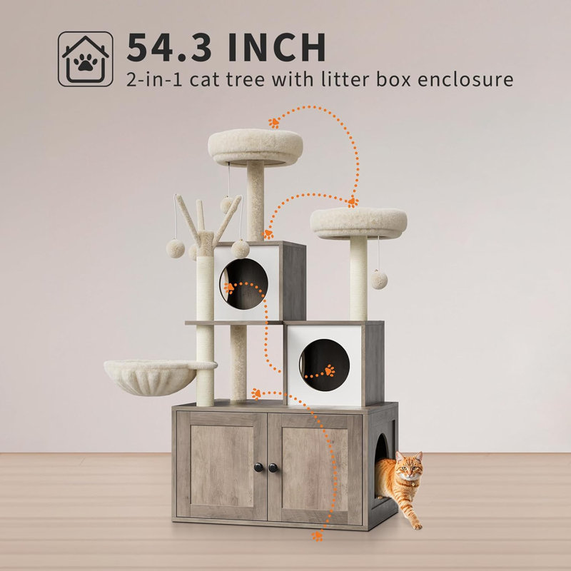 Enceinte de litière avec tour d'arbre à chat - Meuble de toilette caché pour chat avec condo, hamac, poteaux à griffer et plusieurs perchoirs moelleux