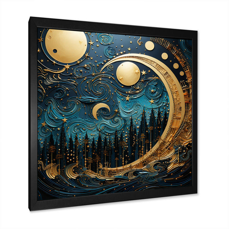 «Moon Moon and Gold Cerulean Cycle Dreams I», reproduction sur toile, Cadre simple noir, H 30 po x l 30 po x P 1 po