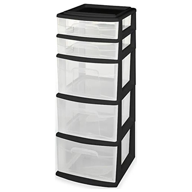 Black and Clear Plastic 5-Drawer Storage Tower