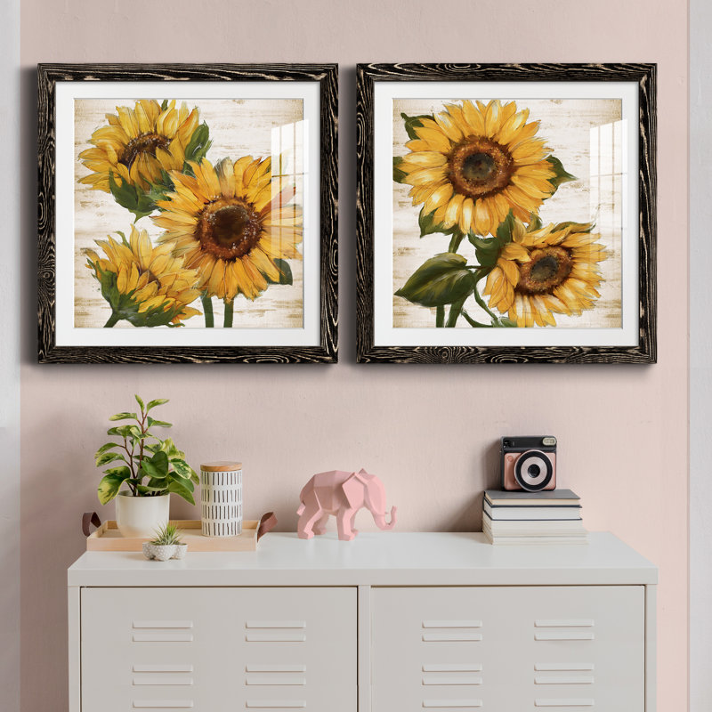 Tournesol d'été I - ensemble de 2 peintures, H 20 po x l 40 po, Papier dans un cadre photo, Noir