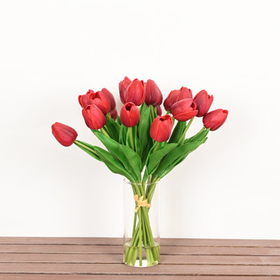 14" Artificial Tulip Floral Arrangements In Vase With Faux Water, Farmhouse Long Stem Greenery Leaves Floral Bulk Bouquet For Wedding Party Home Office Table Centerpiece Shelf Decorations