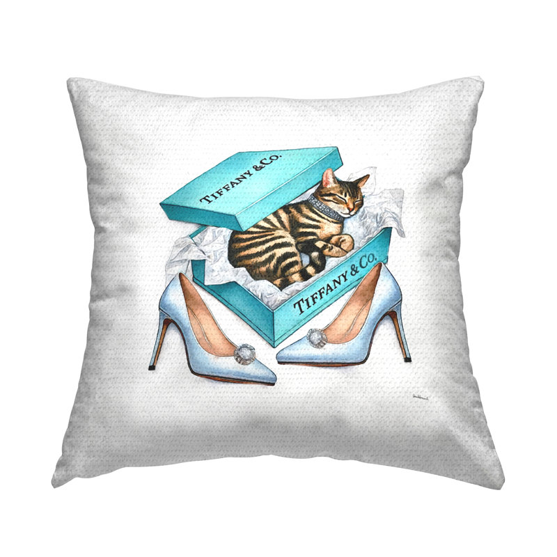 Boîte à chaussures bleue avec coussin d'extérieur imprimé Kitty par Amanda Greenwood