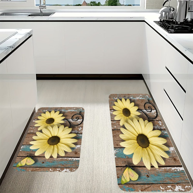 Marguerite jaune avec papillon, ensemble de 2 tapis de cuisine