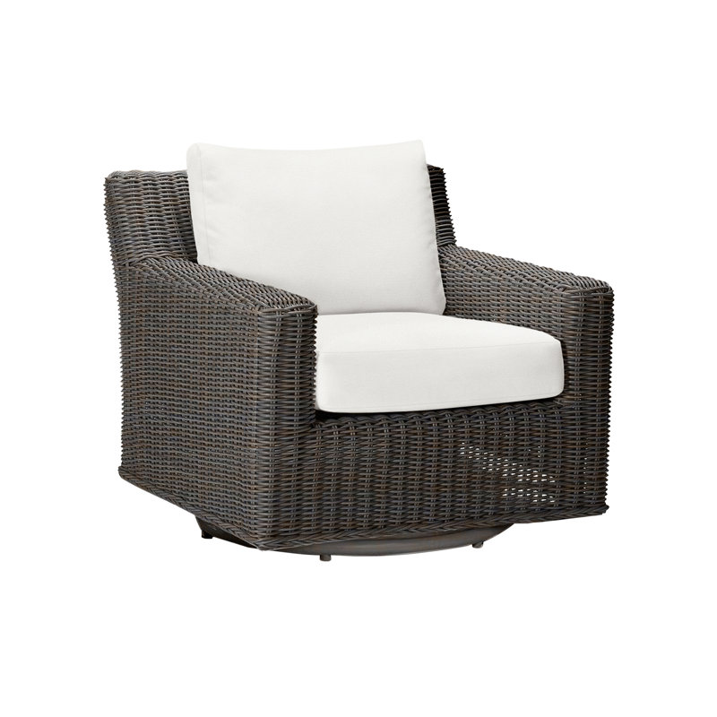 Rustic Swivel Patio Chair with Cushions, No Welt, Rollo Lace InsideOut® Linen, Black Walnut