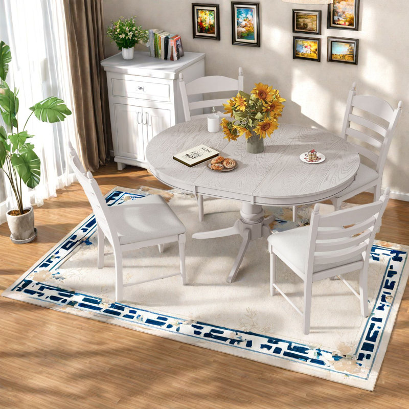 Ensemble de tables de salle à manger élégantes extensibles avec chaises rembourrées, blanc antique