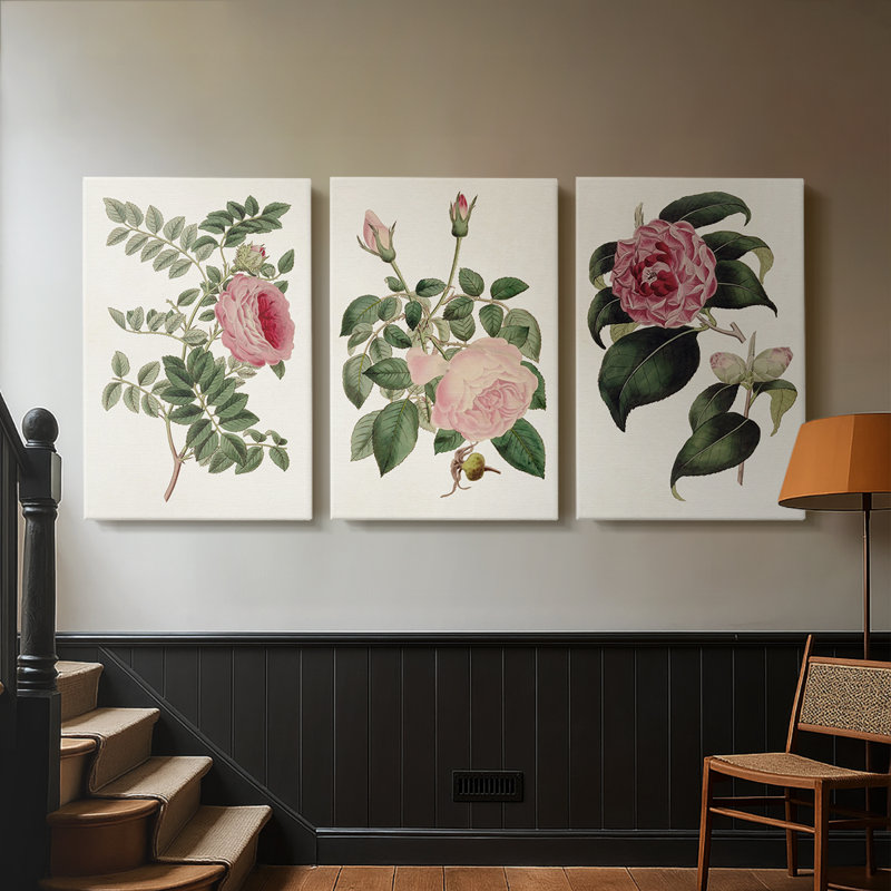 Mélange de fleurs roses I - Toile tendue avec châssis sur mesure - 3 pièces, H 27 po x l 54 po
