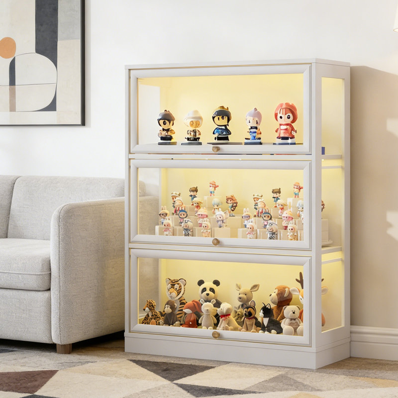  3-Tiers Display Cabinet With Acrylic Glass Doors,White, White