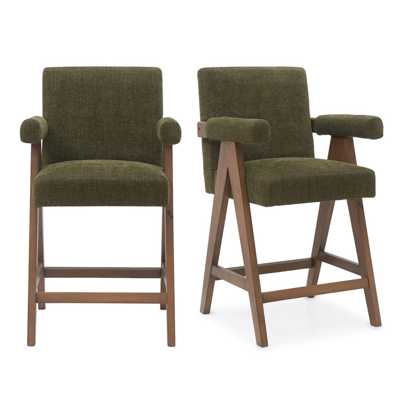 Occeus Set of 2 Full Back 25.5" Walnut Wood Upholstered Counter Stool With Arms, Green