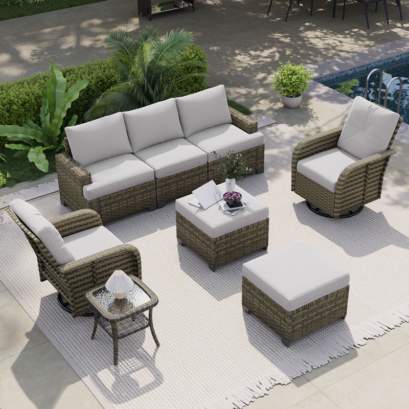 Ensemble de patio en osier tissé à la main 8 pièces avec chaises pivotantes 8 pièces, Gris